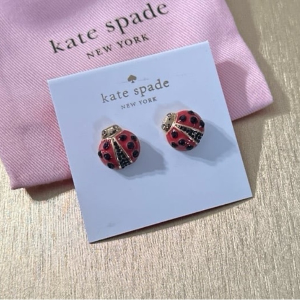 KATE SPADE Ladybug Ladybugs Red & Black on Gold-Tone Earrings in Dust Bag NWT - Picture 2 of 3